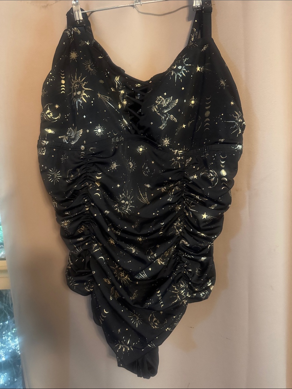 torrid bathing suit with Gold Celestial Print